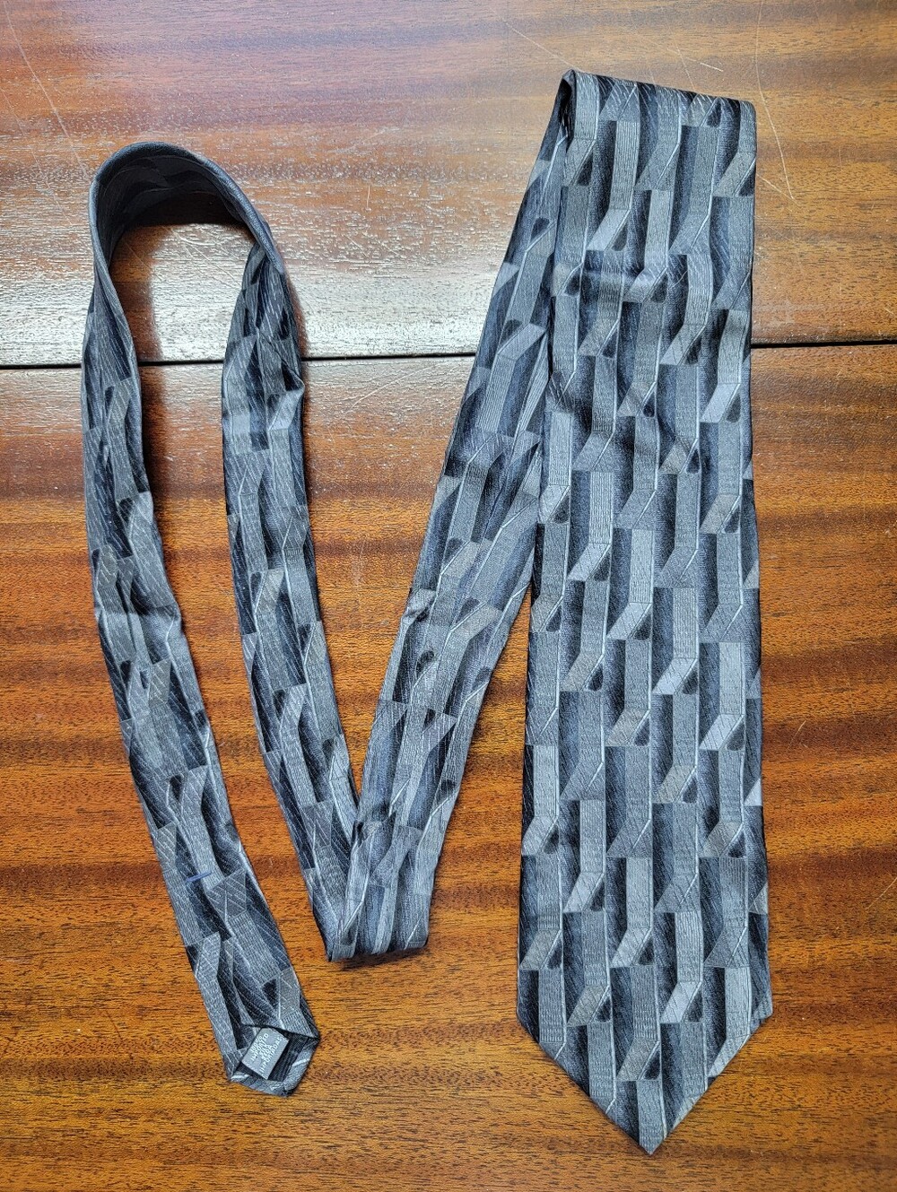 100% Silk Gray Geometric Men's Tie - Steel Blue, Silver, & Charcoal
